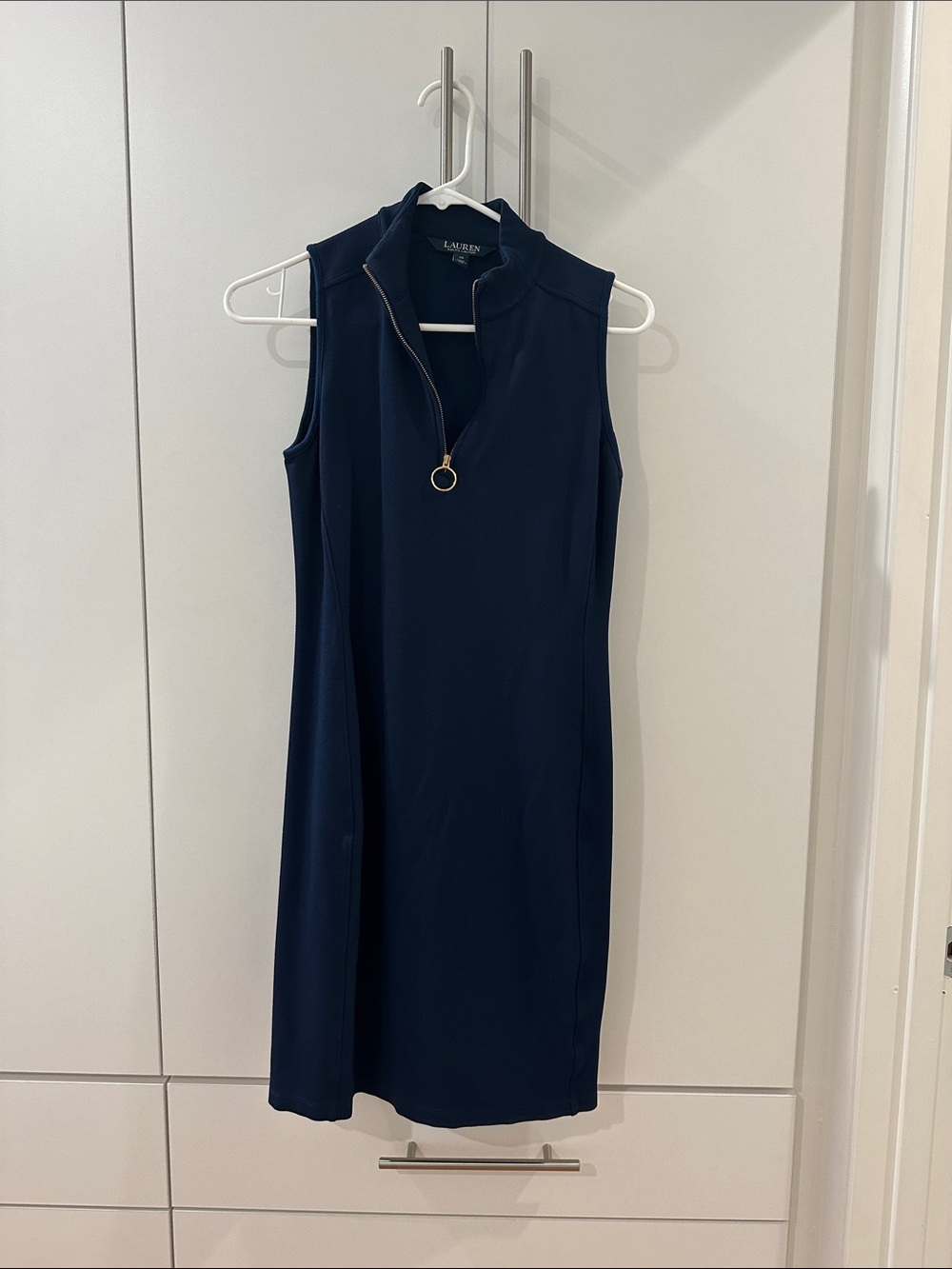 Lauren Ralph Lauren Navy Sleeveless Midi Dress with Gold Ring Zip